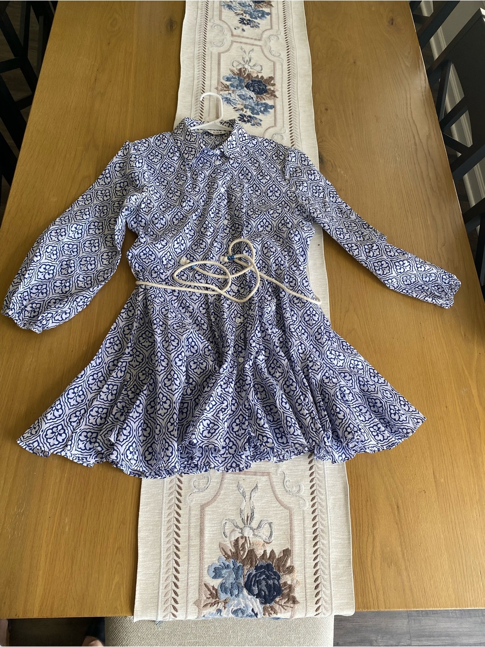 ZARA Blue and White Geometric Tile Print Mini Dress with Rope Belt - Size S